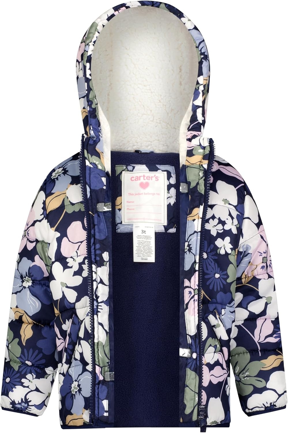 image:imageCarters Girls Winter Coat Puffer Jacket with Sherpa Lined HoodNavy Floral