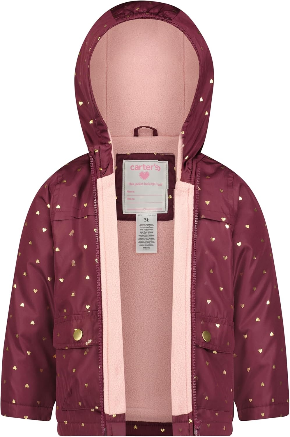 image:imageCarters Toddler amp Little Girls Midweight Fleece Lined Hooded Raincoat Rain JacketBurgundy With Hearts