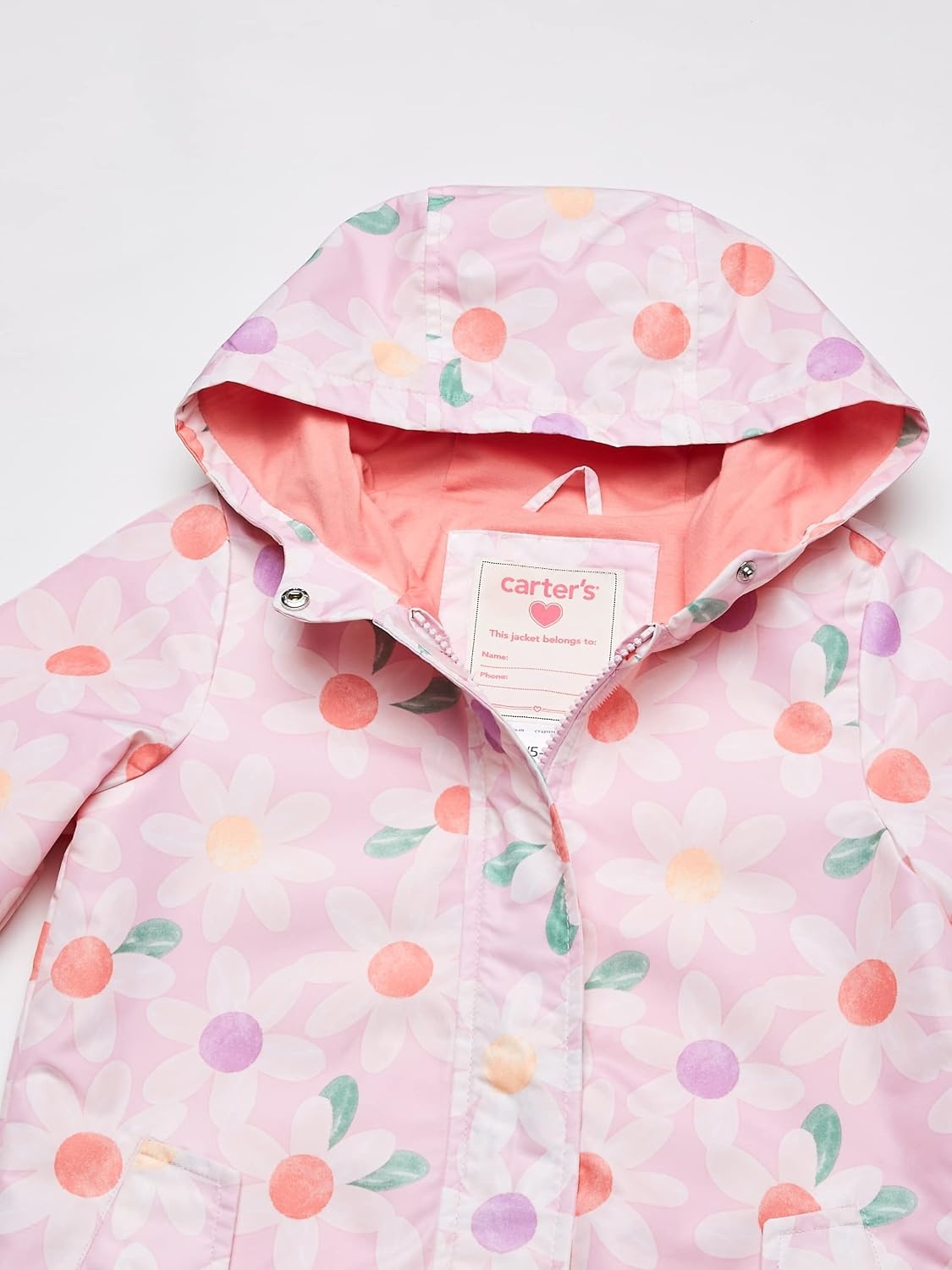 image:imageCarters Toddler amp Little Girls Midweight Fleece Lined Hooded Raincoat Rain JacketLight Pink Daisies