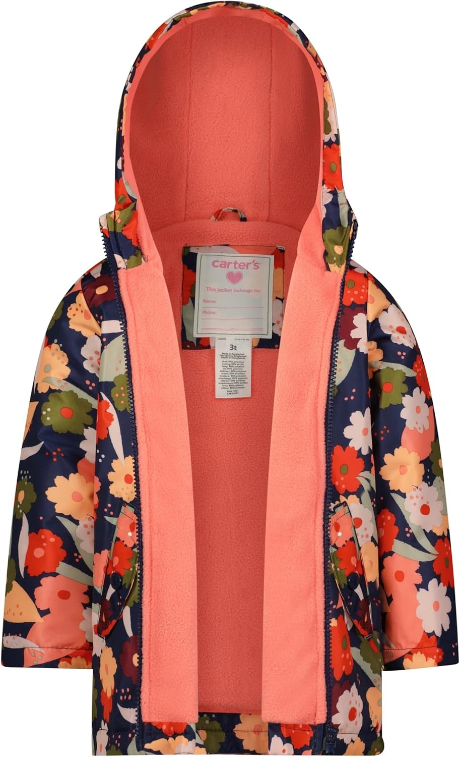 image:imageCarters Toddler amp Little Girls Midweight Fleece Lined Hooded Raincoat Rain JacketNavy Salmon Floral