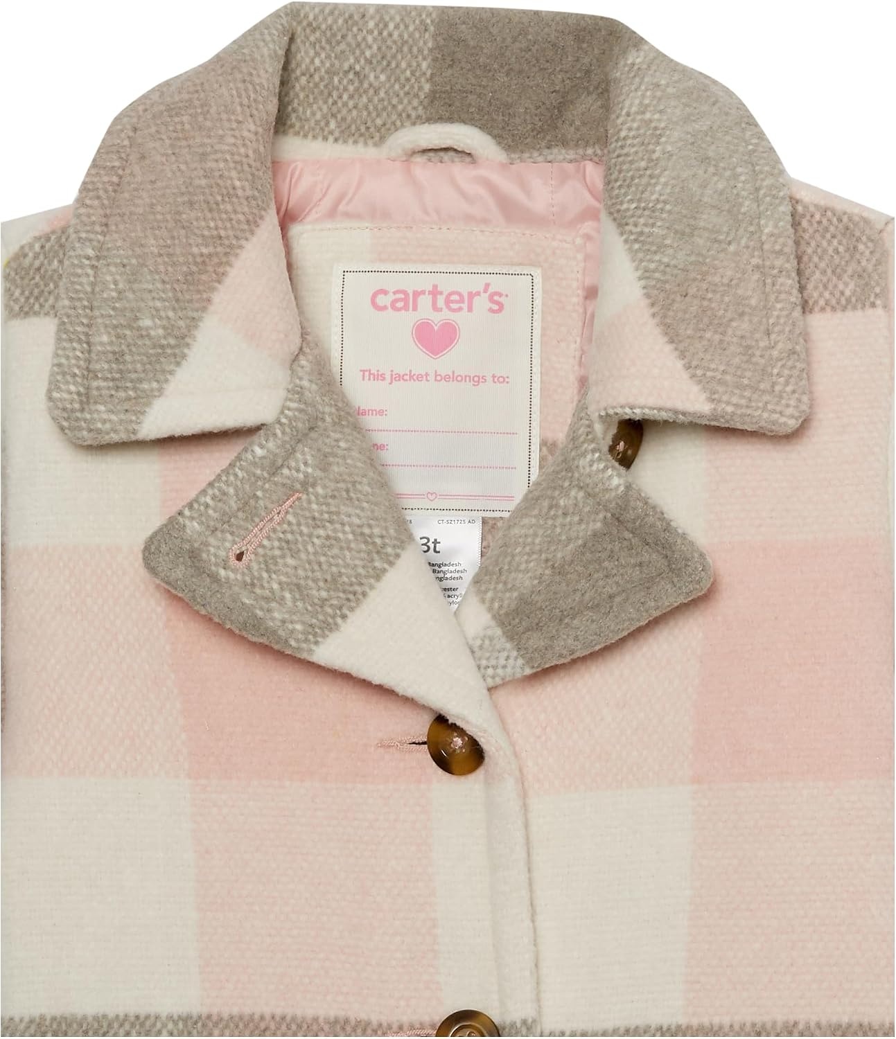 image:imageCarters Toddler amp Little Girls Midweight Fleece Lined Hooded Raincoat Rain JacketPink Grey Plaid