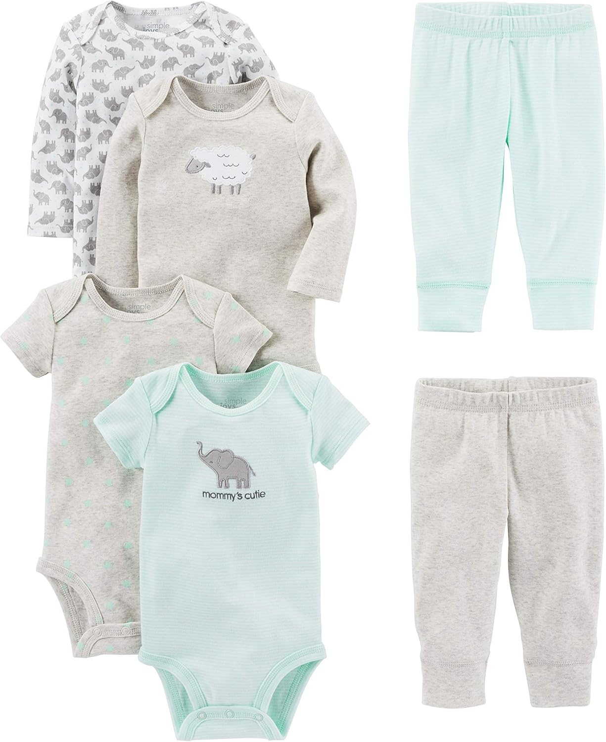 image:imageSimple Joys by Carters Baby 6piece Bodysuits Short and Long Sleeve and Pants SetGreyMint GreenElephantLamb