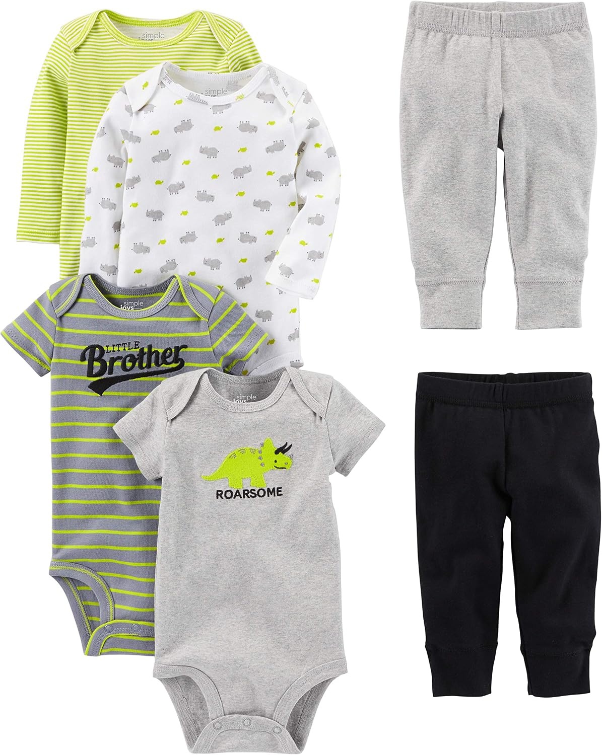 image:imageSimple Joys by Carters Baby 6piece Bodysuits Short and Long Sleeve and Pants SetMulticolorDinosaurRhinoStripeText Print