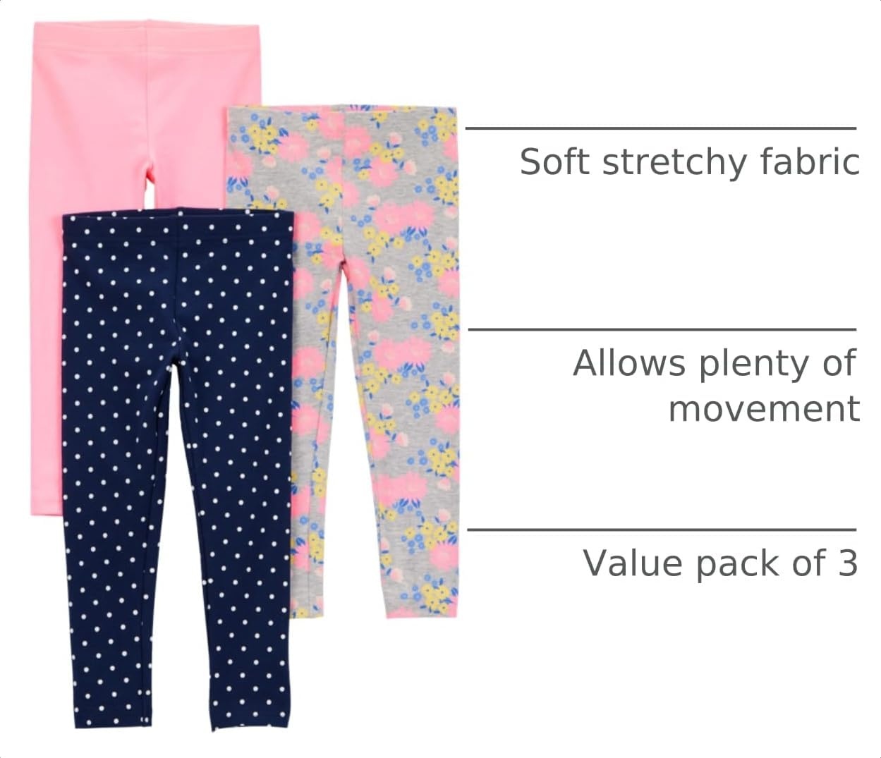 image:imageSimple Joys by Carters Girls 3 pack LeggingsGrey FloralNavy DotsPink