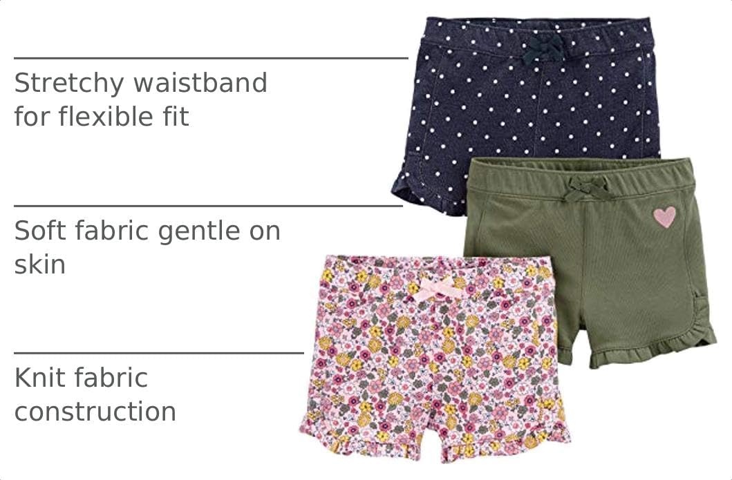 image:imageSimple Joys by Carters Girls 3Pack Knit ShortsDenim DotsOlive HeartsPink Floral
