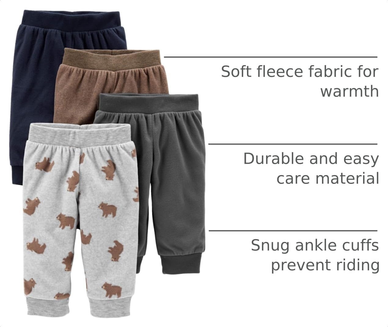 image:imageSimple Joys by Carters unisexbaby 4pack Fleece PantsBrownDark GreyLight Grey Bear PrintNavy