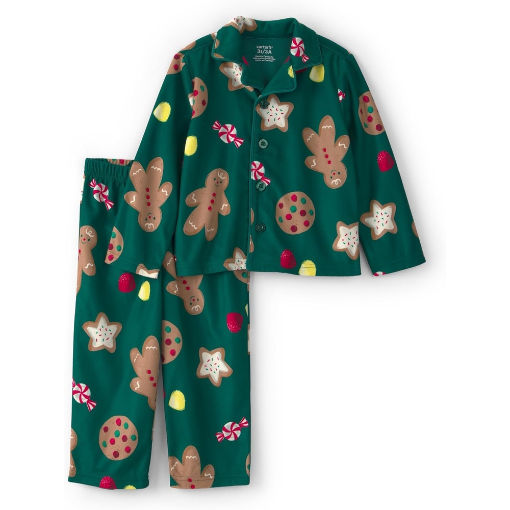image:imageCarters Baby 2piece Fleece Holiday Coat PjsGreen Gingerbread Cookie