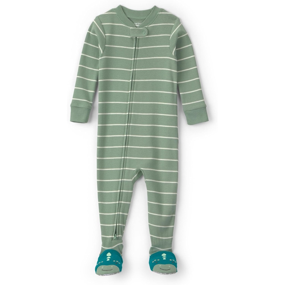 image:imageCarters Baby Boys 1piece Cotton PjGreen Stripe Dino Feet