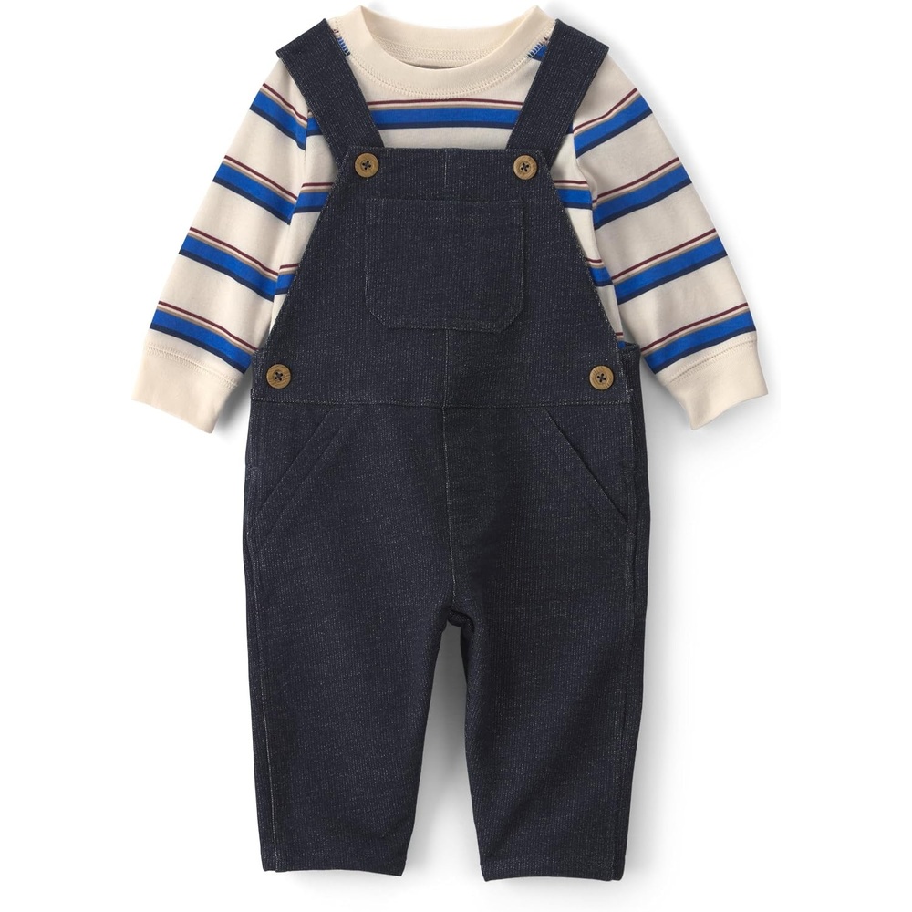 image:imageCarters Baby Boys 2piece Overall Set Blue Navy Sports PatchesBlue Cream Denim Stripe