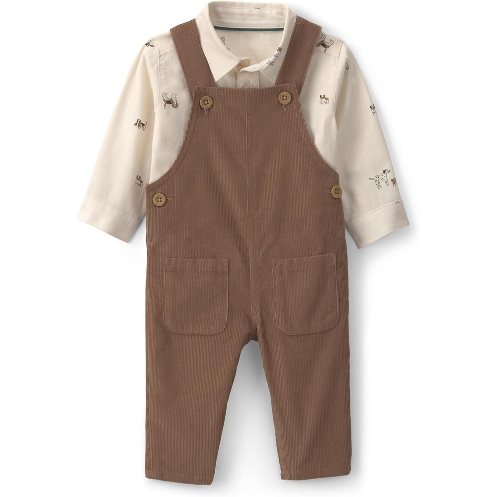 image:imageCarters Baby Boys 2piece Overall Set Blue Navy Sports PatchesBrown Cream Dogs Prints