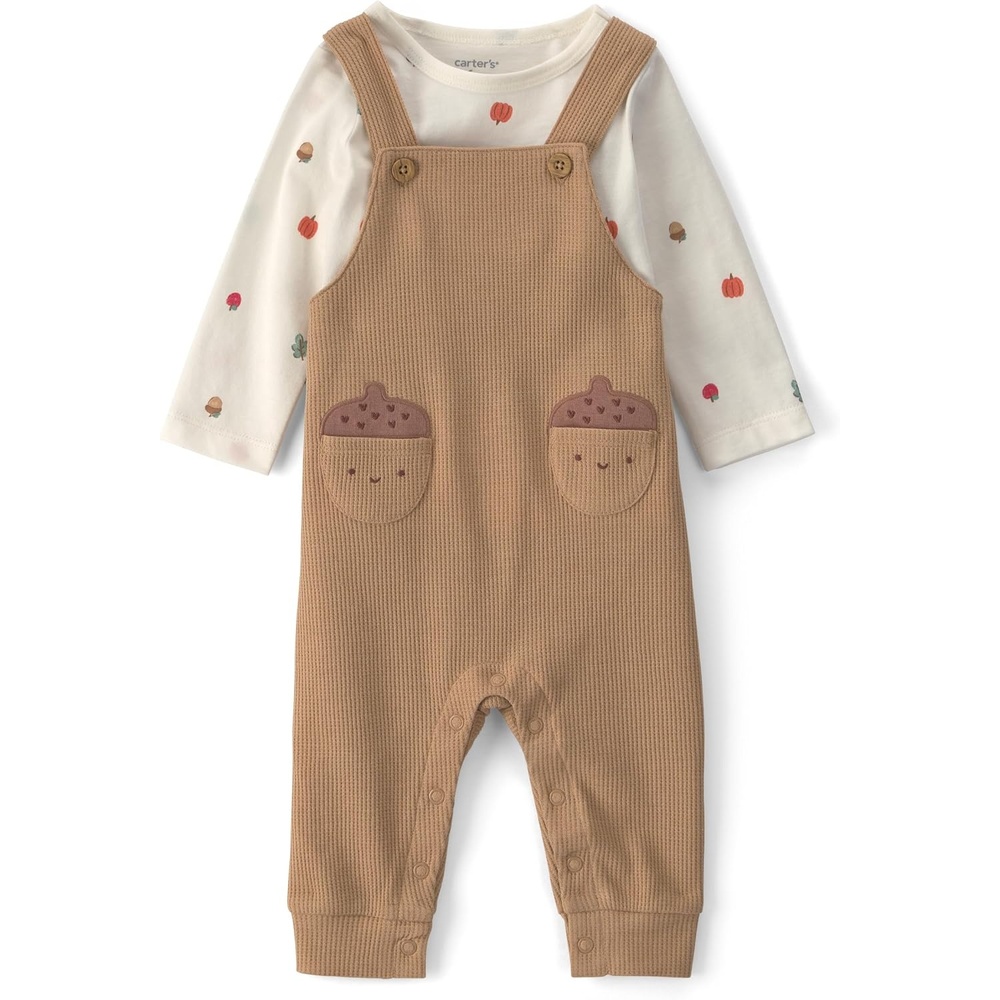 image:imageCarters Baby Boys 2piece Overall Set Blue Navy Sports PatchesBrown Ivory Novelty