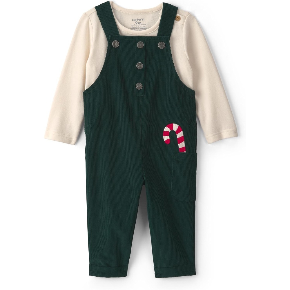 image:imageCarters Baby Boys 2piece Overall Set Blue Navy Sports PatchesGreen Cream Candy Cane