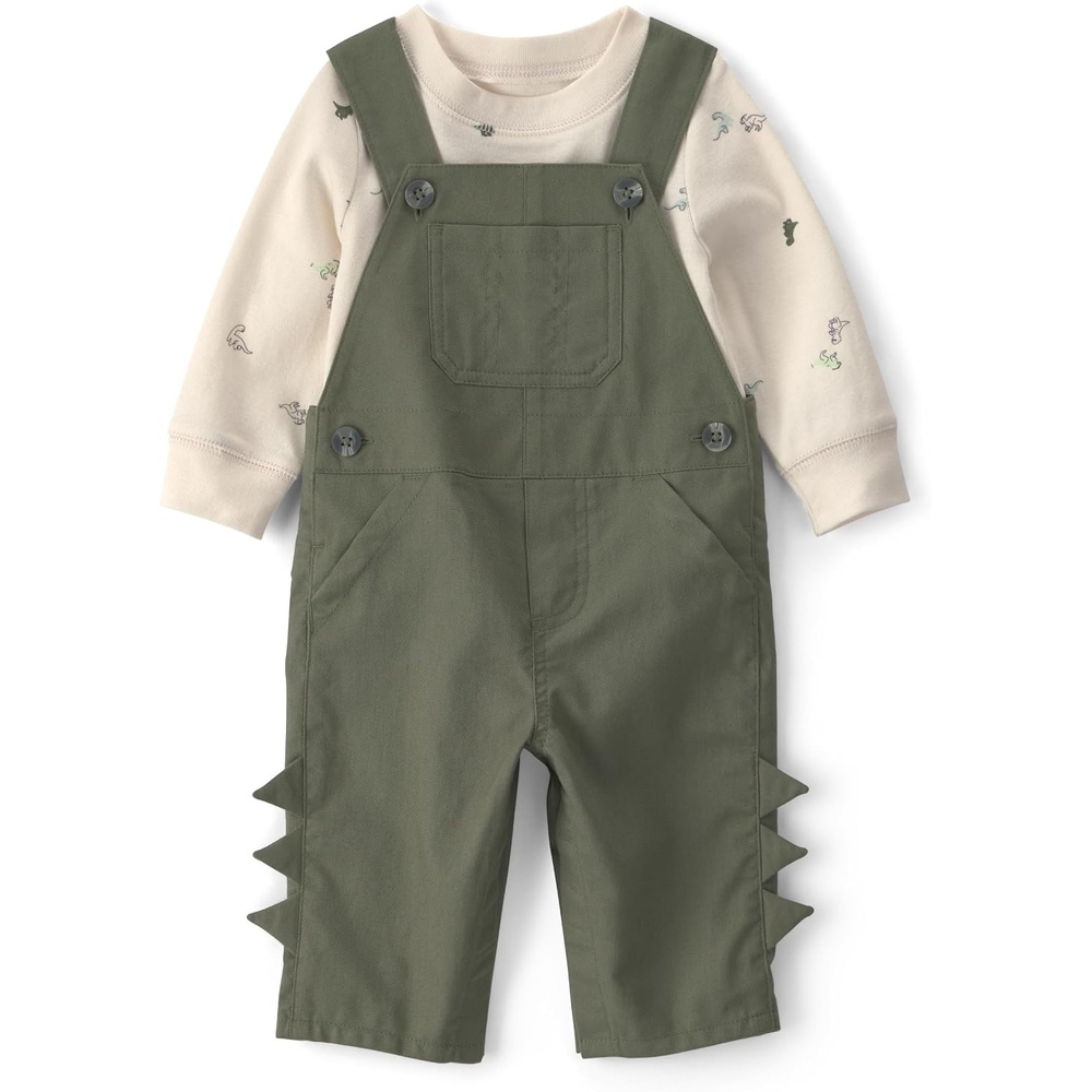 image:imageCarters Baby Boys 2piece Overall Set Blue Navy Sports PatchesGreen Olive Cream Dino