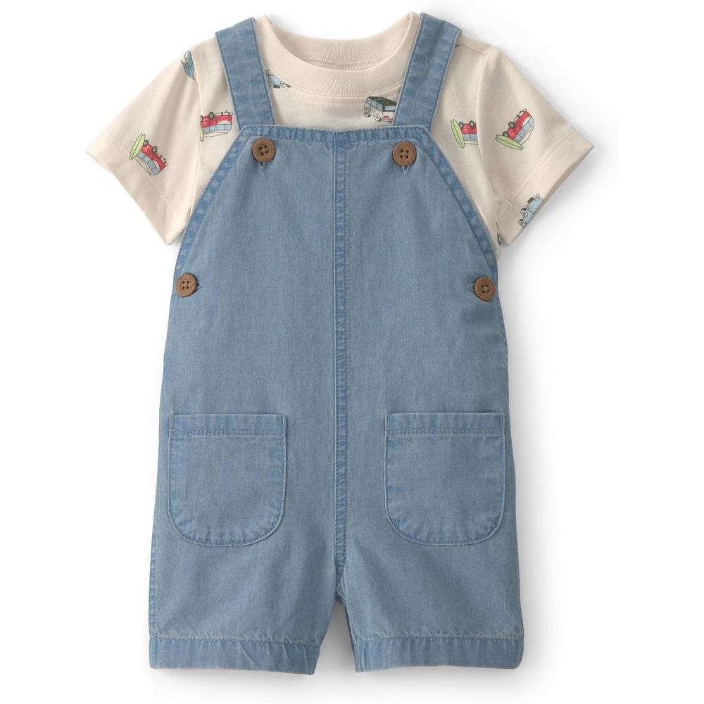 image:imageCarters Baby Boys 2piece Shortall SetBlueBeige Van