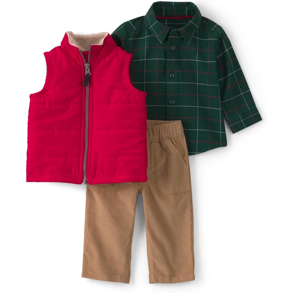 image:imageCarters Baby Boys 3piece Bodysuit Pant SetsBeige Red Green Plaid