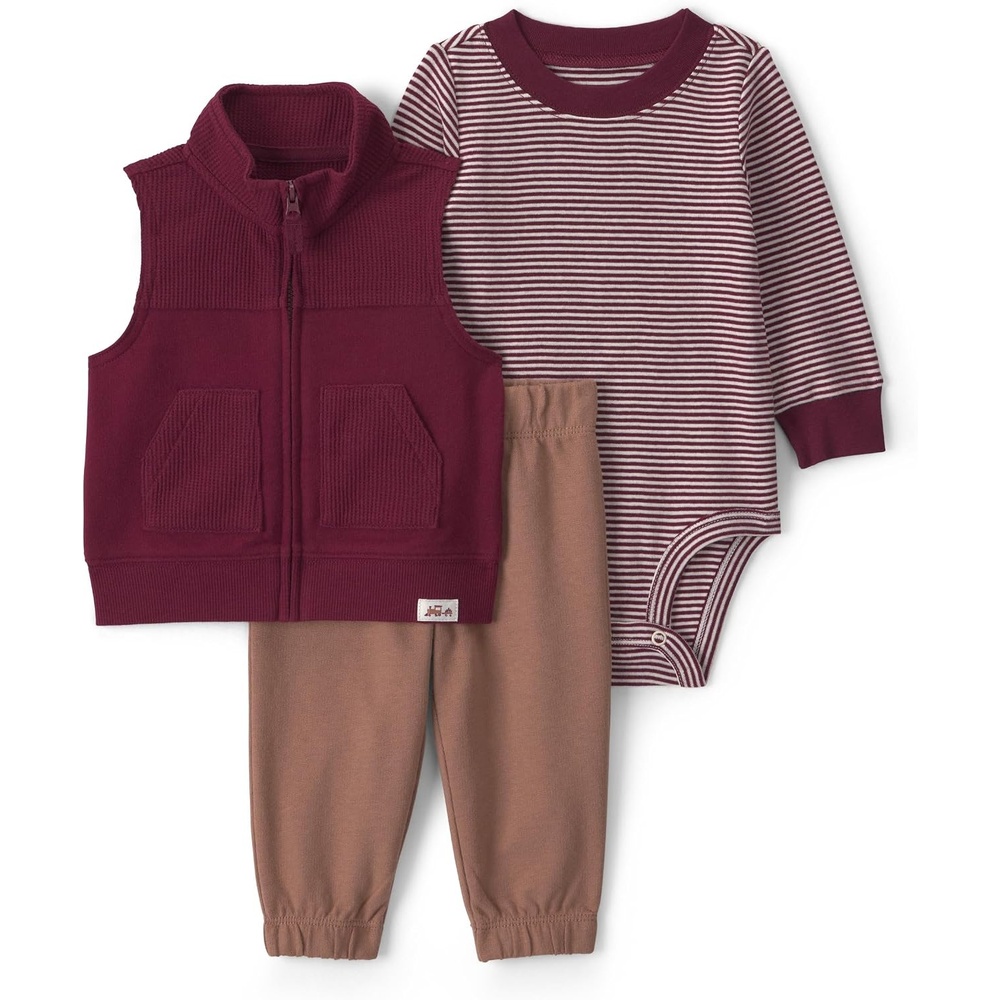 image:imageCarters Baby Boys 3piece Bodysuit Pant SetsBurgundy Brown Stripe