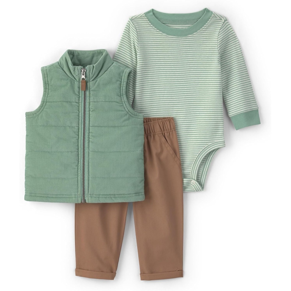 image:imageCarters Baby Boys 3piece Bodysuit Pant SetsGreen Brown Stripe