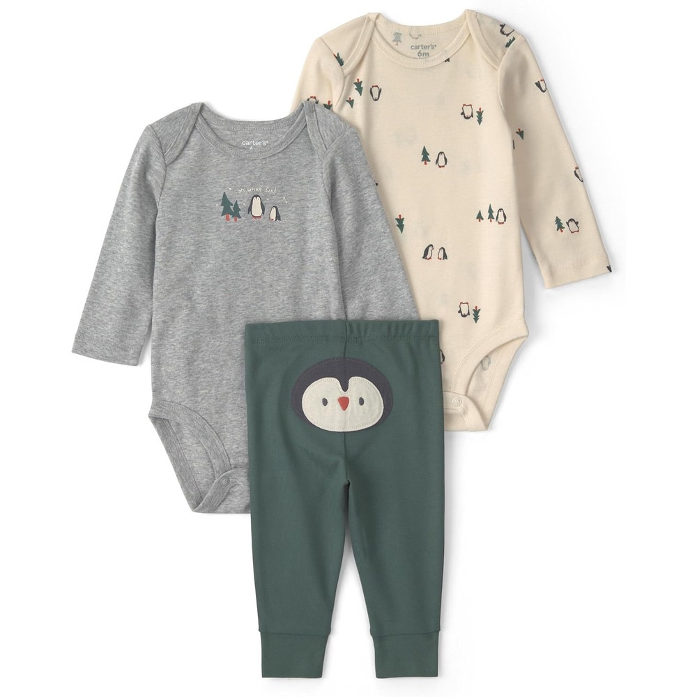 image:imageCarters Baby Boys 3piece Bodysuit Pant SetsGreen Grey Penguin