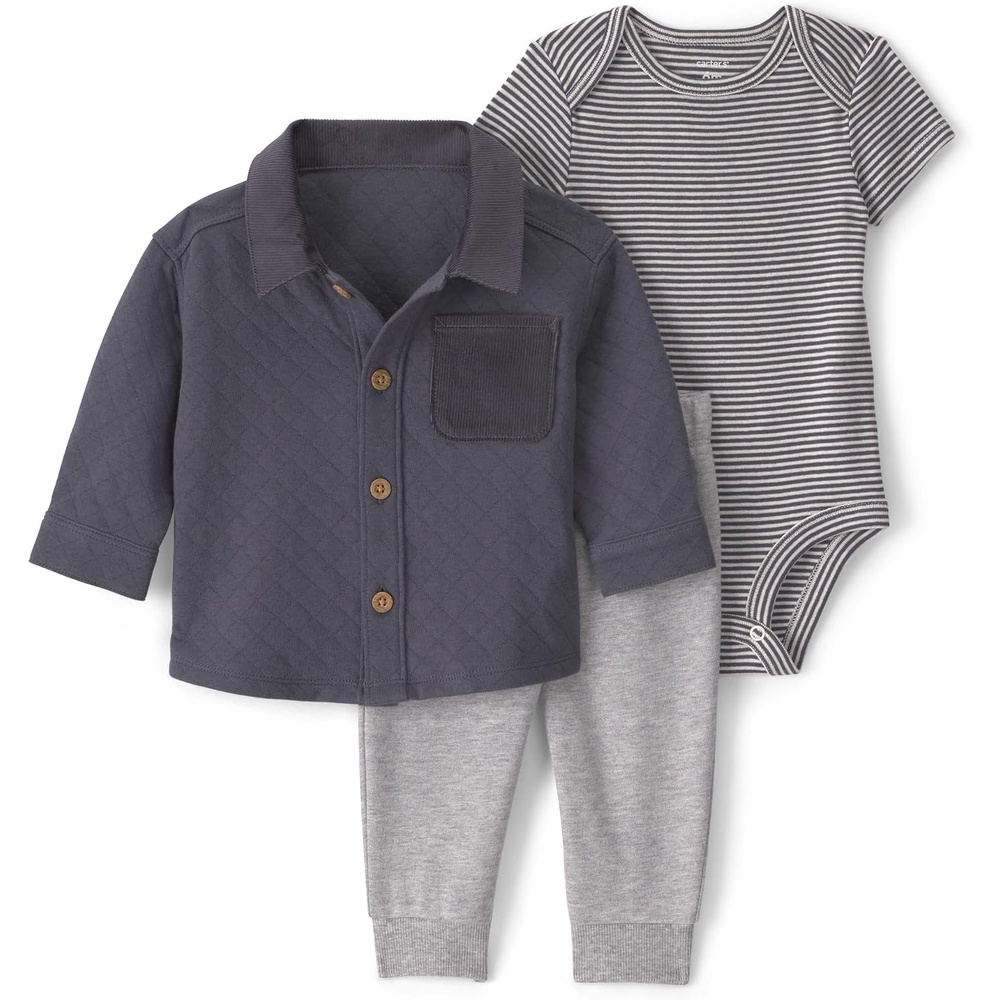 image:imageCarters Baby Boys 3piece Bodysuit Pant SetsGrey Quilted Shacket