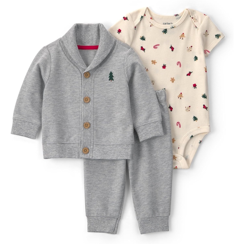image:imageCarters Baby Boys 3piece Bodysuit Pant SetsGrey White Christmas Tree