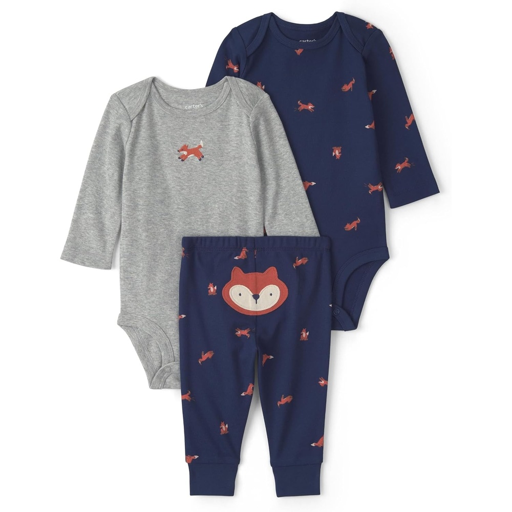 image:imageCarters Baby Boys 3piece Bodysuit Pant SetsNavy Blue Grey Fox