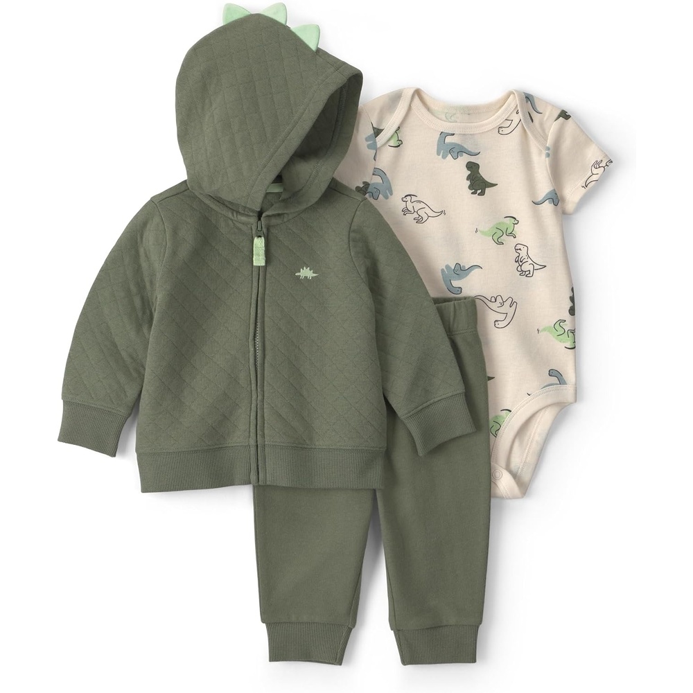image:imageCarters Baby Boys 3piece Bodysuit Pant SetsOlive Green Cream Dino
