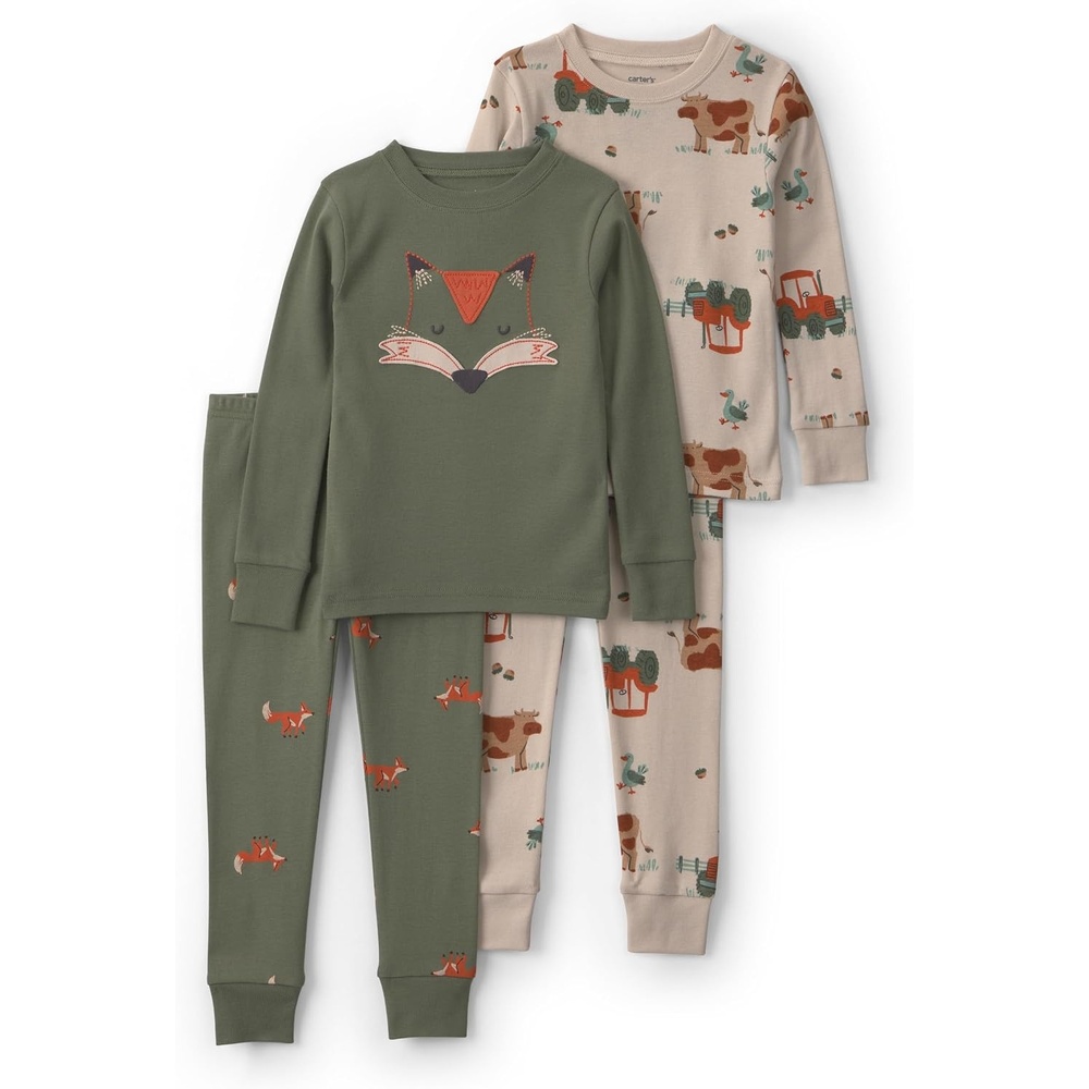 image:imageCarters Baby Boys 4piece Tight Fit Cotton Pajama SetFox Face Green
