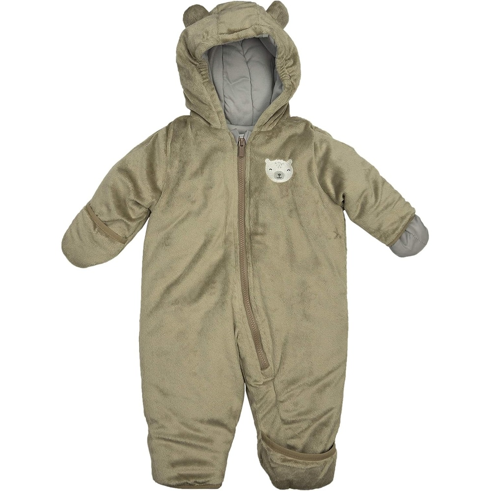 image:imageCarters Baby Boys Pram Style Water Resistant One Piece Winter Snowsuit With EarsKhakiBear