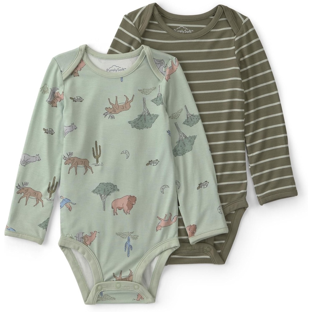 image:imageCarters Baby Boys Purelysoft 2pack Long Sleeve BodysuitGreen Desert Print