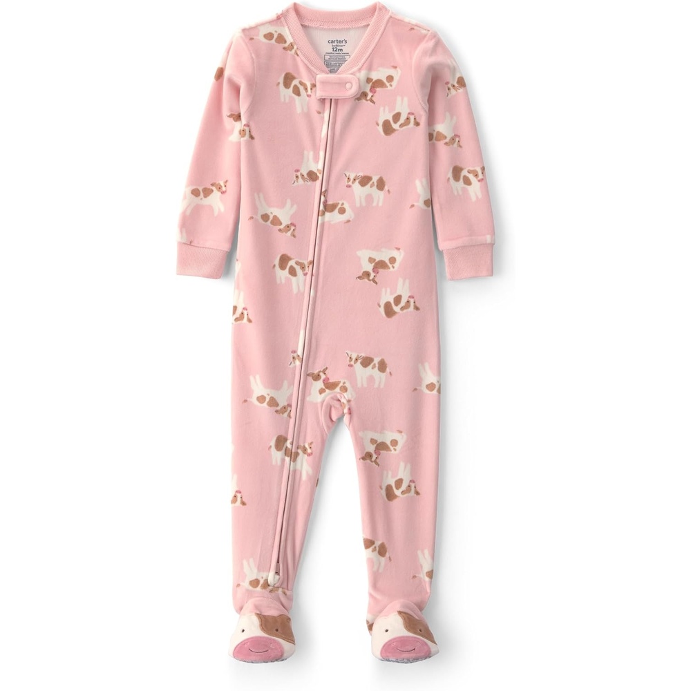 image:imageCarters Baby Girls 1piece Fleece PjPink Cow Feet