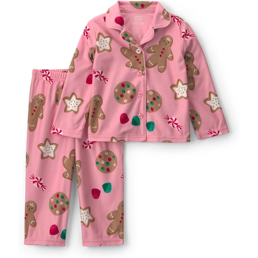 image:imageCarters Baby Girls 2piece Fleece Holiday Coat PjsPink Gingerbread Cookie