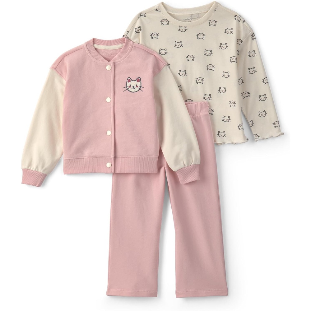 image:imageCarters Baby Girls 3piece Playwear SetsPink Cat 3pc