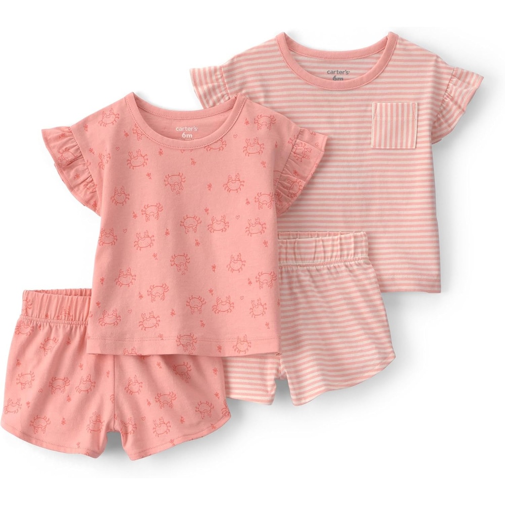 image:imageCarters Baby Girls 4piece Short SetPink Crab Stripes