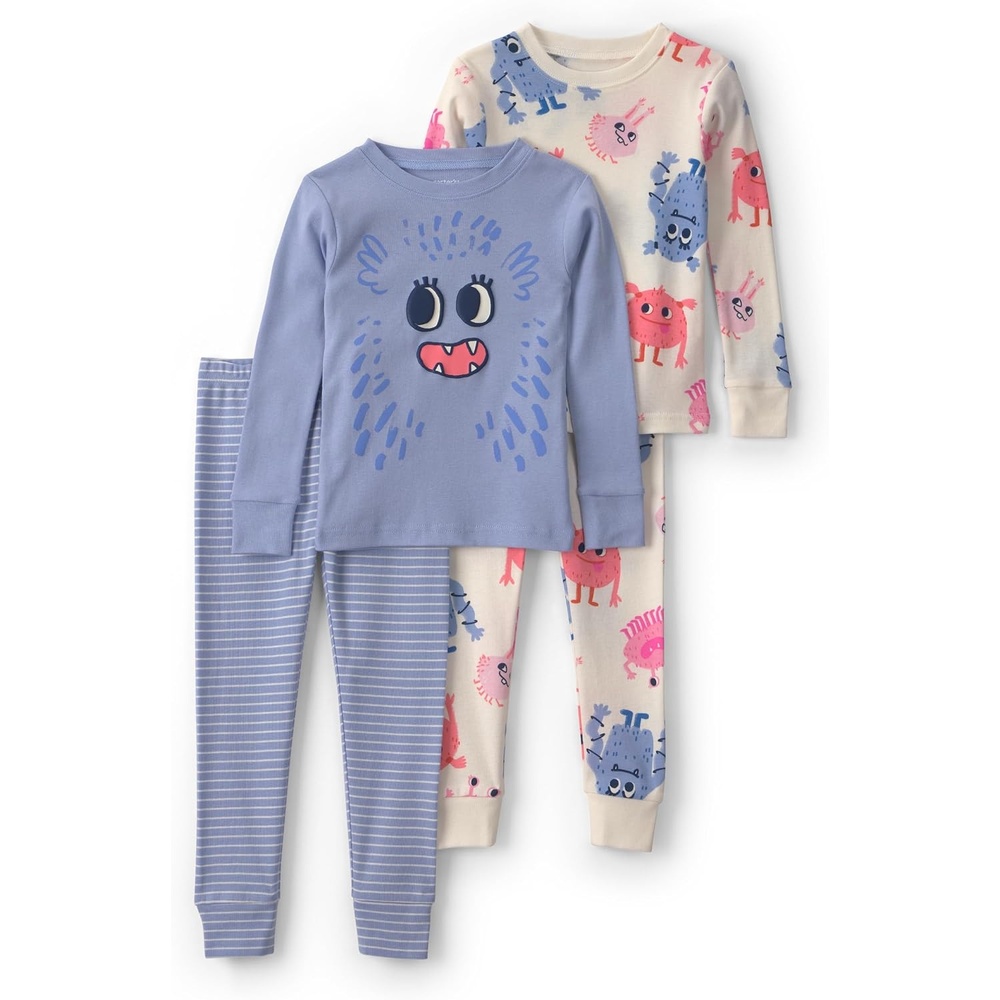 image:imageCarters Baby Girls 4piece Tight Fit Cotton Pajama SetBlue Girl Monster
