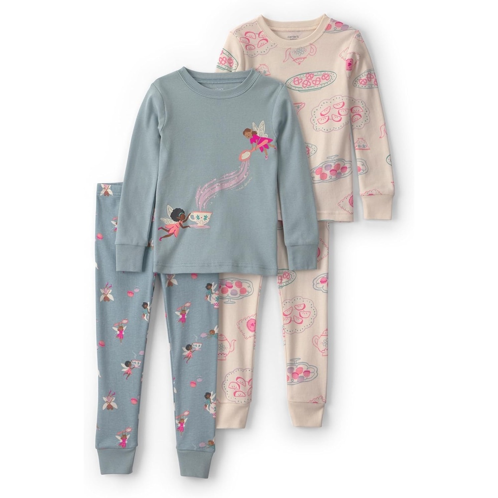 image:imageCarters Baby Girls 4piece Tight Fit Cotton Pajama SetFairy Tea Party Blue