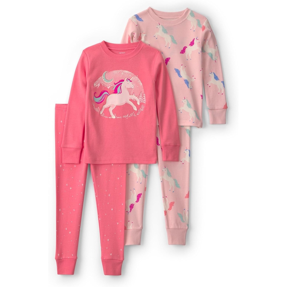 image:imageCarters Baby Girls 4piece Tight Fit Cotton Pajama SetPink Unicorn