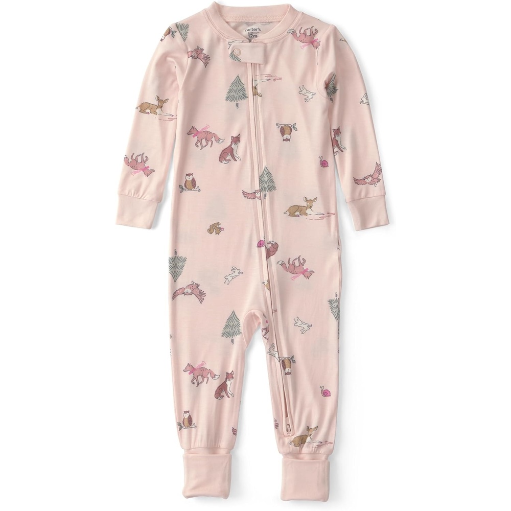 image:imageCarters Baby Girls Purelysoft 1piece PajamasPink Woodland Print