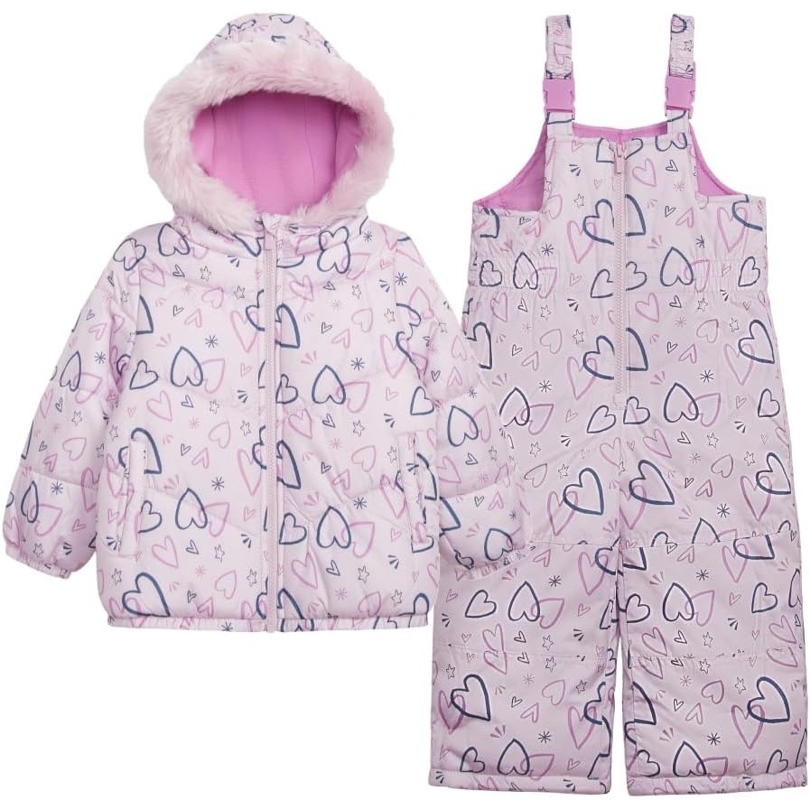 image:imageCarters Baby Girls Toddler amp Big Girls Insulated 2piece Print Snowsuit and Bib Snow Pant Ski SetAll Lilac Heart