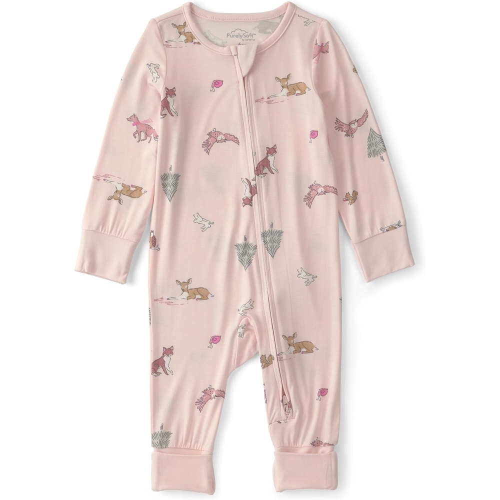 image:imageCarters Baby Purelysoft Sleep and Play PajamasPink Woodland Print