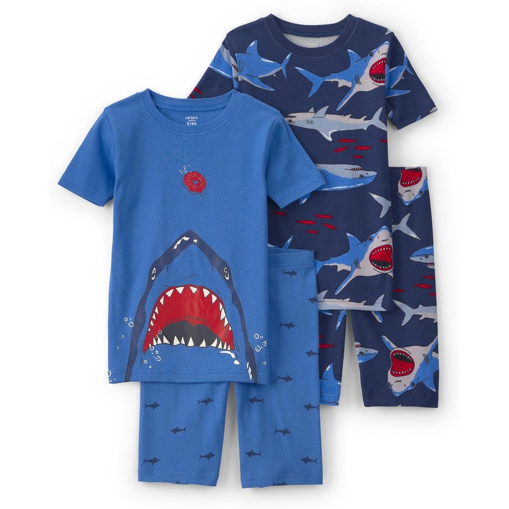 image:imageCarters Boys 4piece Tight Fit Cotton Pajama SetBlueNavy Shark