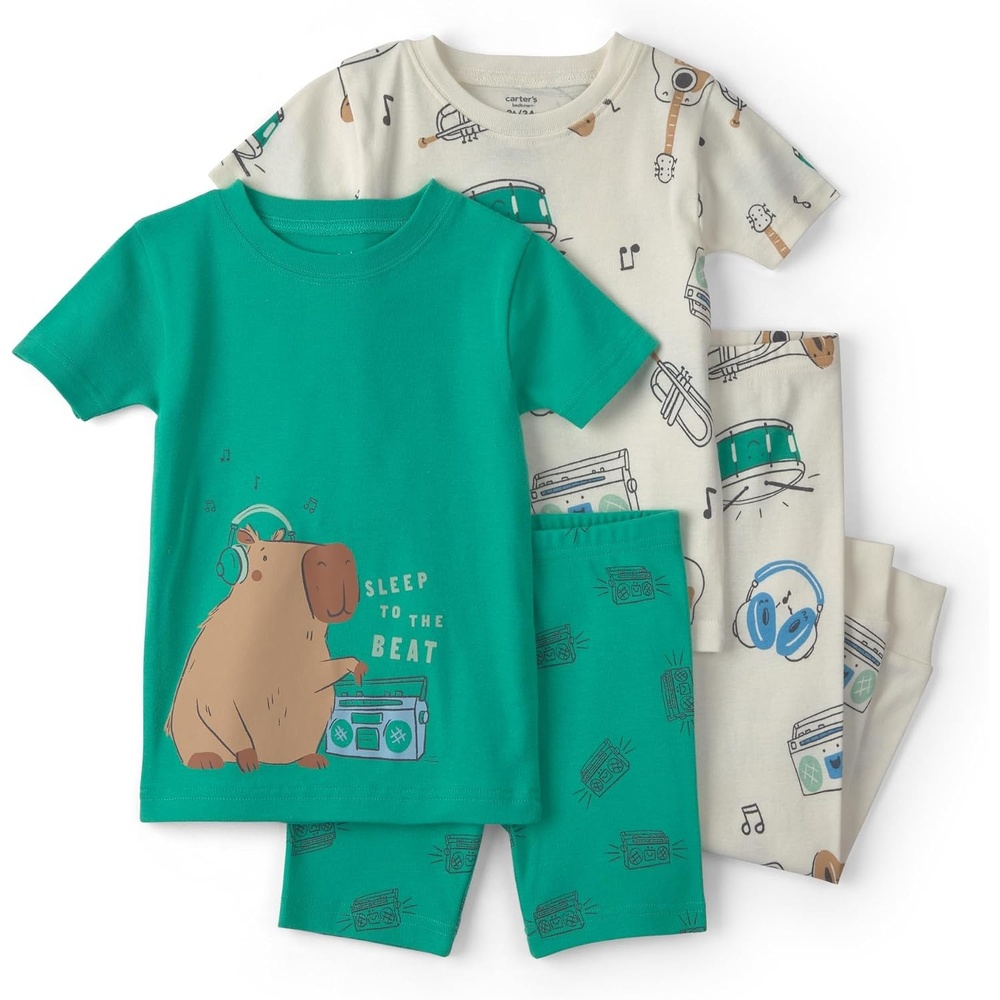 image:imageCarters Boys 4piece Tight Fit Cotton Pajama SetCapybaramusic Grnwht