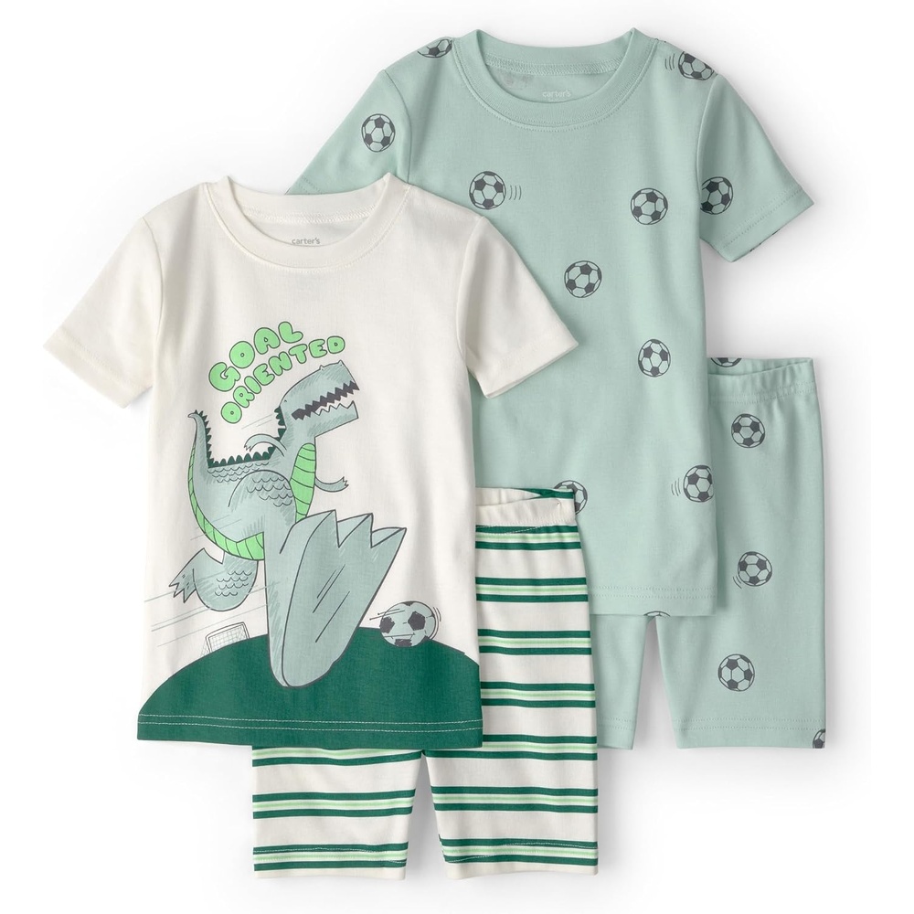 image:imageCarters Boys 4piece Tight Fit Cotton Pajama SetGreenWhite Dinosaur