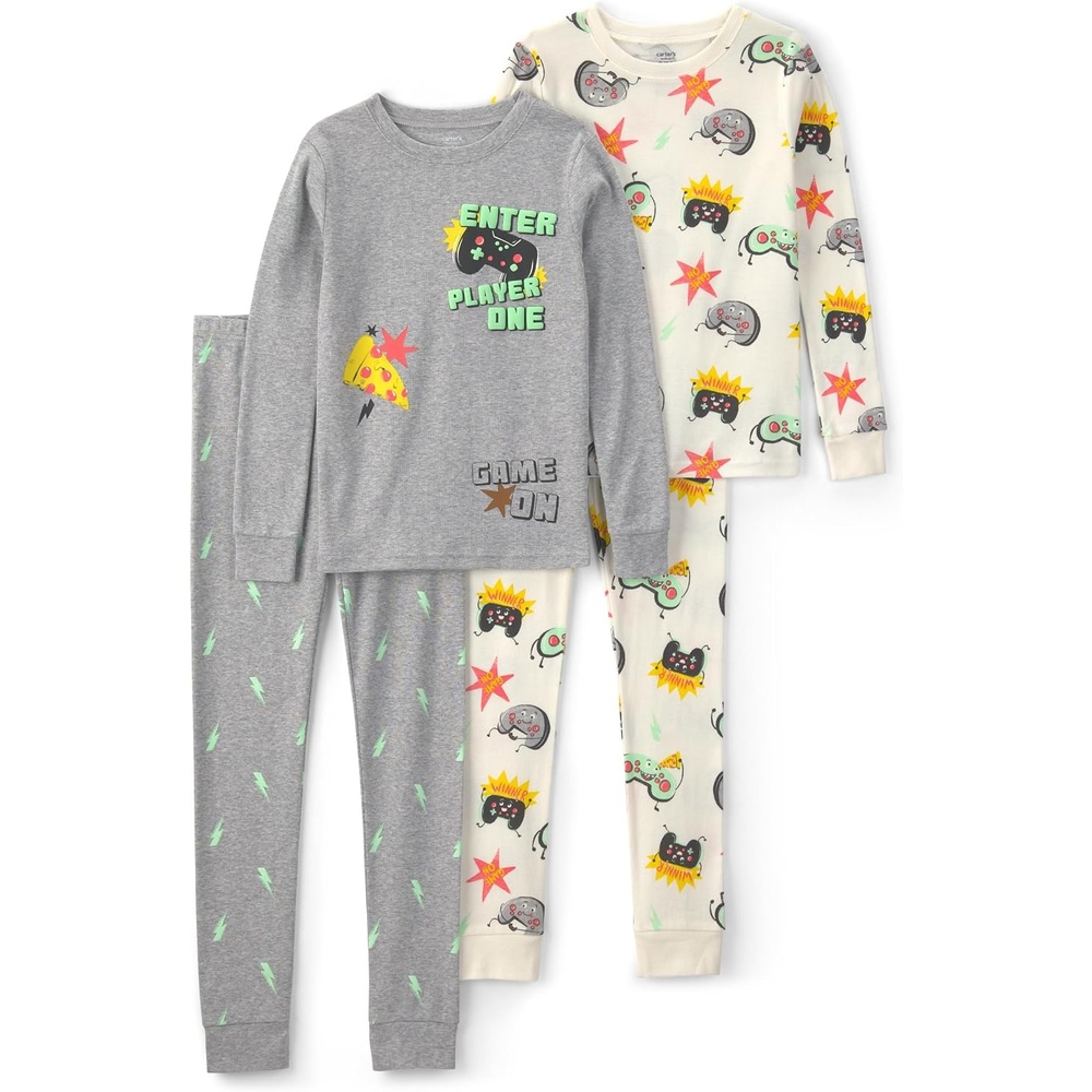 image:imageCarters Boys 4piece Tight Fit Cotton Pajama SetGrey Multi Gamer