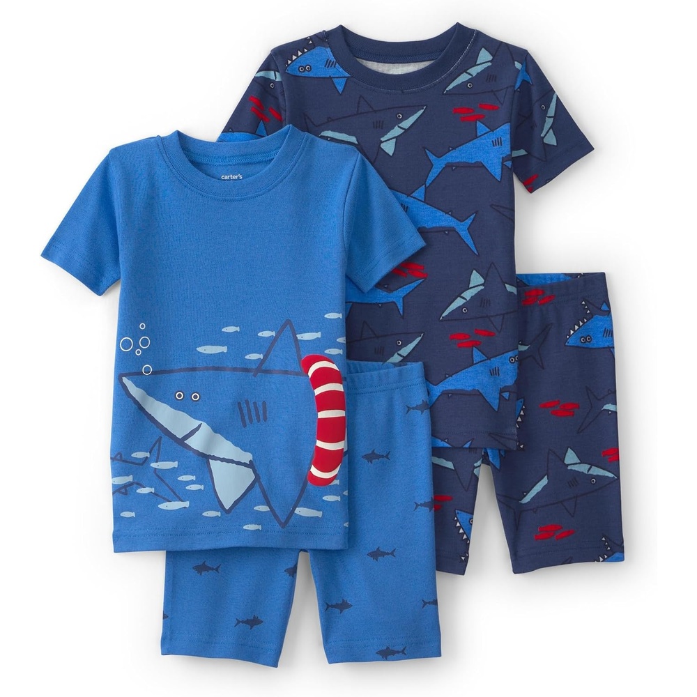 image:imageCarters Boys 4piece Tight Fit Cotton Pajama SetNavy Blue Shark