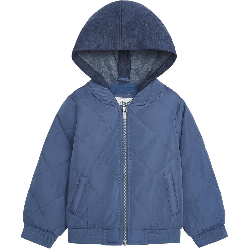 image:imageCarters Boys Midweight Quilted Bomber Jacket With Sweatshirtstyle HoodBlue