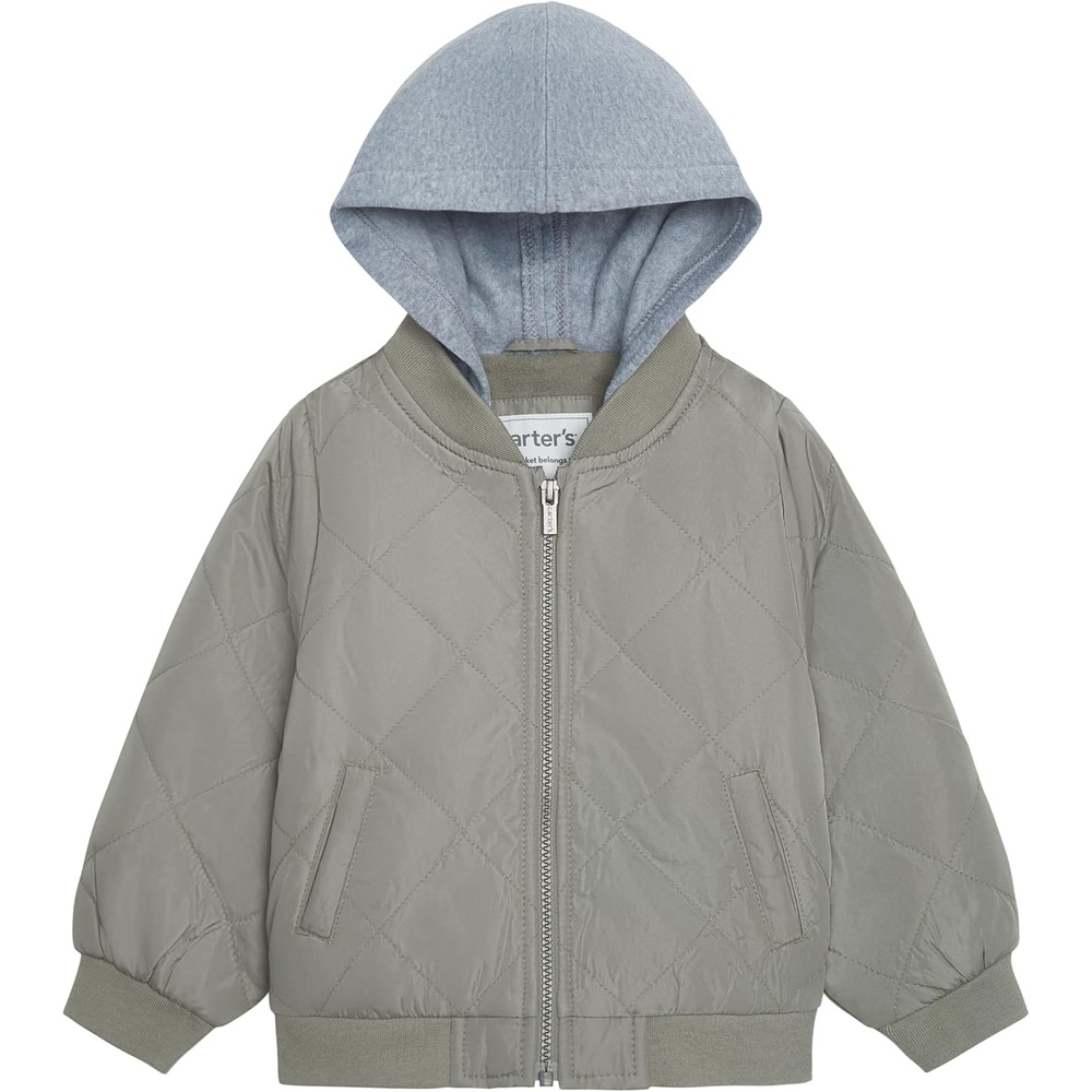 image:imageCarters Boys Midweight Quilted Bomber Jacket With Sweatshirtstyle HoodGreen