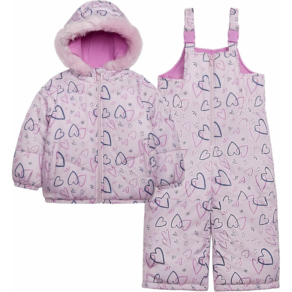 image:imageCarters Girls 2Piece Snowsuit Puffer Jacket and Skibib Snow Pants Toddler and Big KidsAll Lilac Heart