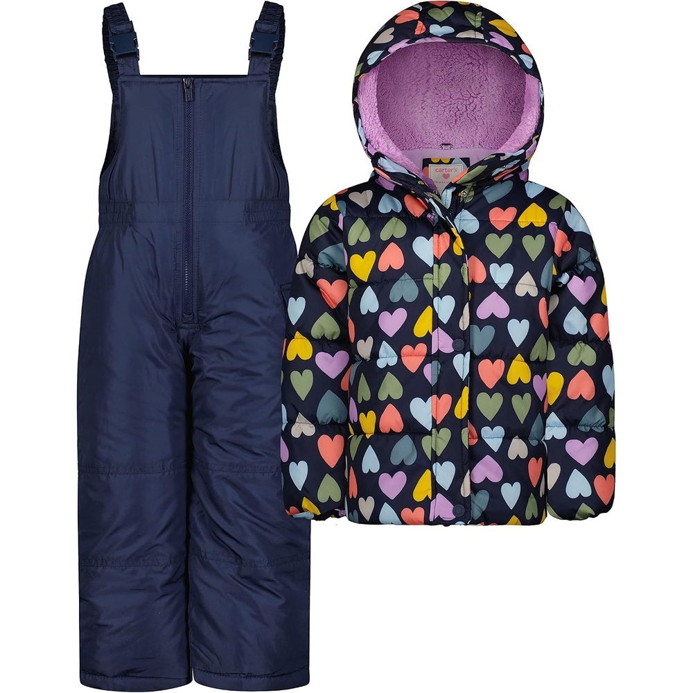 image:imageCarters Girls 2Piece Snowsuit Puffer Jacket and Skibib Snow Pants Toddler and Big KidsMulti Heart Navy