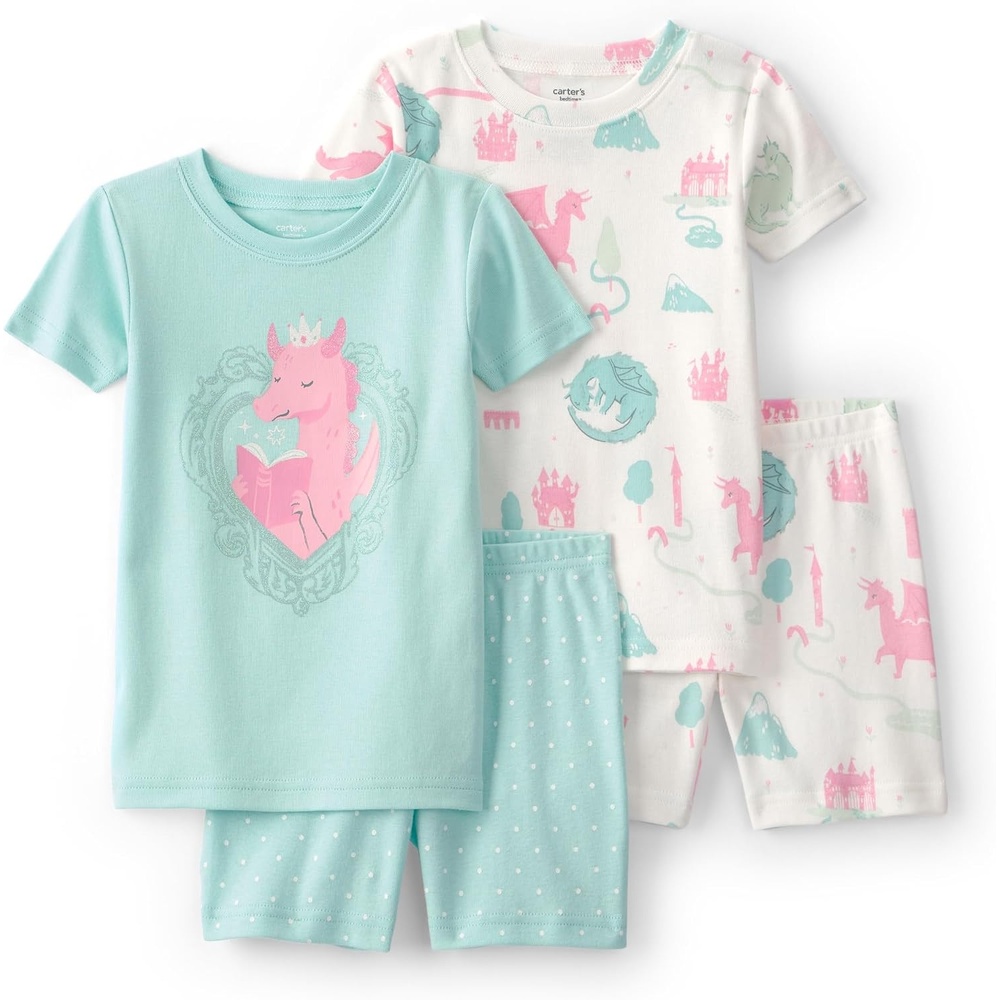 image:imageCarters Girls 4piece Tight Fit Cotton Pajama SetBlueIvory Dragon