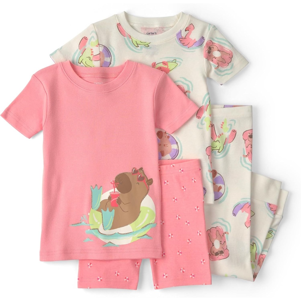 image:imageCarters Girls 4piece Tight Fit Cotton Pajama SetCapybara Swimming Pink